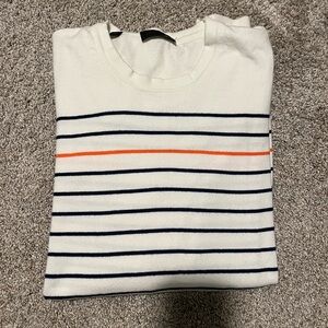 Striped White Sweater with Navy and Orange Accents